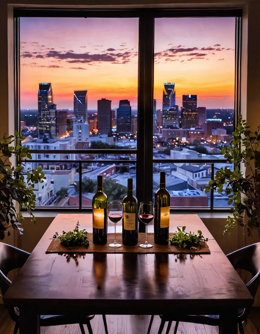 A cozy urban apartment with a stunning view of Oklahoma City skyline at sunset. Elegant wine glasses and a spread of vintage wine bottles on a stylish table. Soft ambient lighting with lush plants and tasteful decor creating an inviting atmosphere. A silhouette of a couple enjoying the wine tasting experience. super-realistic. warm colors. cozy atmosphere.