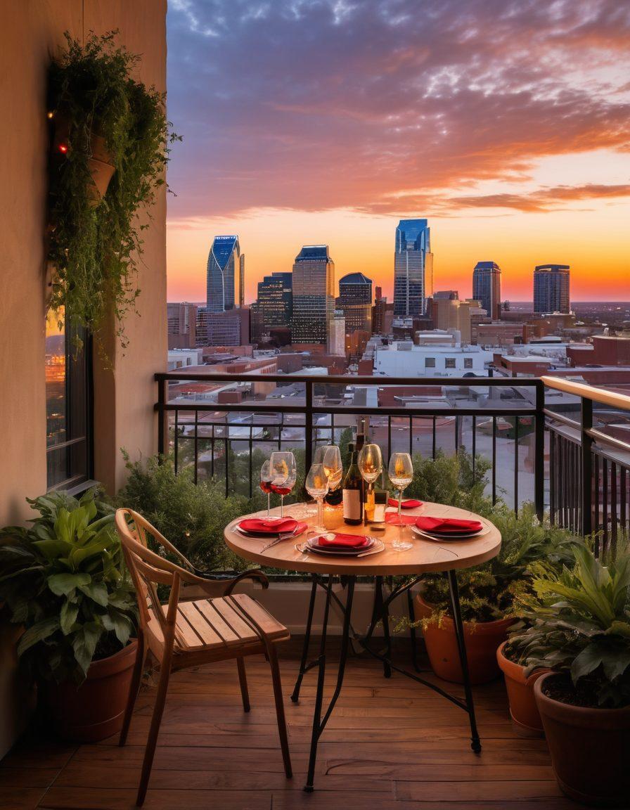 A cozy apartment balcony overlooking the skyline of Oklahoma City, adorned with elegant wine glasses filled with vibrant red and white wines. Include a small wooden table set for a wine tasting, surrounded by lush potted plants and twinkling fairy lights in the background. Capture the warmth of a sunset reflecting on the city buildings, enhancing the ambiance of a memorable gathering. super-realistic. warm tones. atmospheric lighting.