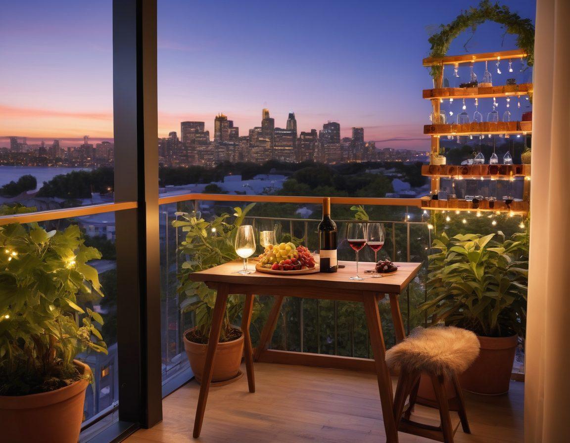 A cozy urban apartment balcony filled with wine glasses, a stylish wine rack, and a scenic city skyline at sunset in the background. A couple enjoys a wine tasting experience, surrounded by vibrant potted plants and twinkling fairy lights. Grapes and a charcuterie board are placed on a small table, inviting viewers to indulge. The ambiance captures the essence of city living and wine culture. super-realistic. warm colors. sunset lighting.